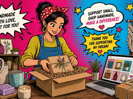 Etsy Inc. Pop-Art-Comic Handwerkerin verpackt bunt Online-Bestellung für US29786A1060 E-Commerce Marktplatz halftone - Foto: THN