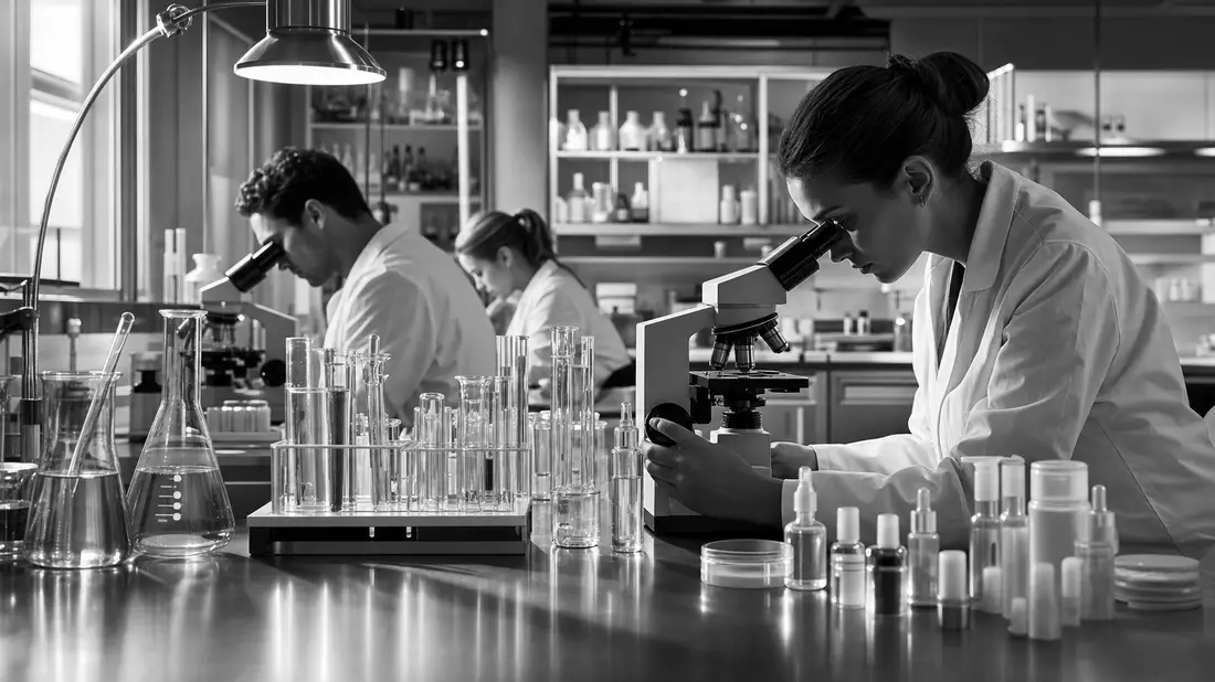 Schwarzweiß-Reportage: Wissenschaftler im Kosmetiklabor an Mikroskopen