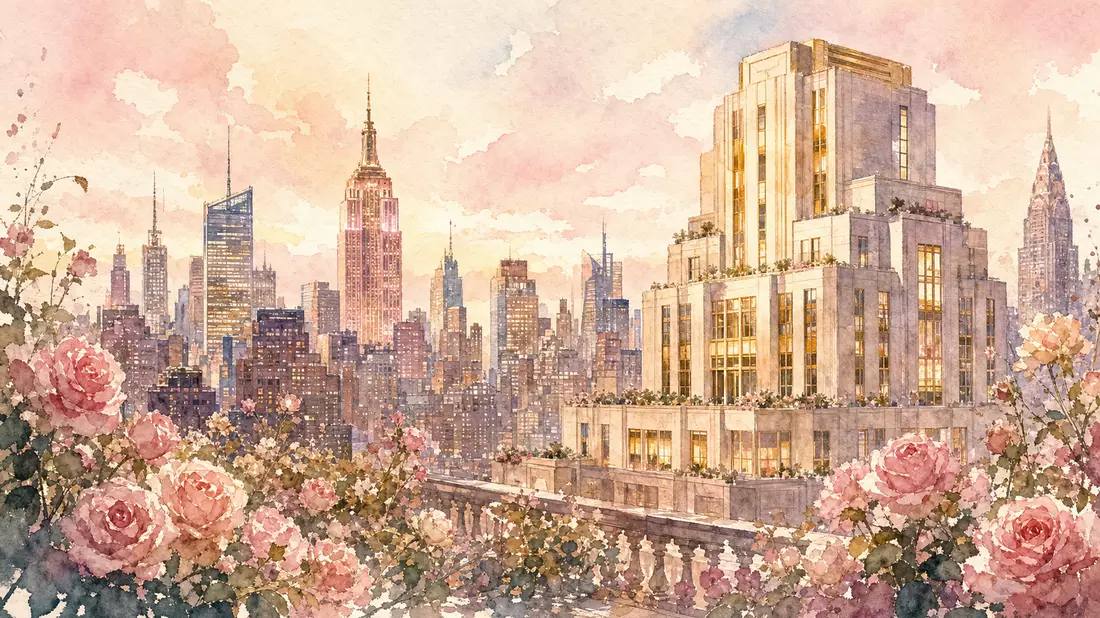 Aquarell der Manhattaner Skyline mit Rosenblüten in zartem Rosa und Gold