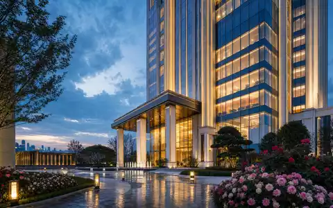 Estée Lauder Cos. US5184391044 – Architektur-Render eines eleganten modernen Luxus-Firmensitzes mit Rosenbeeten - Foto: THN