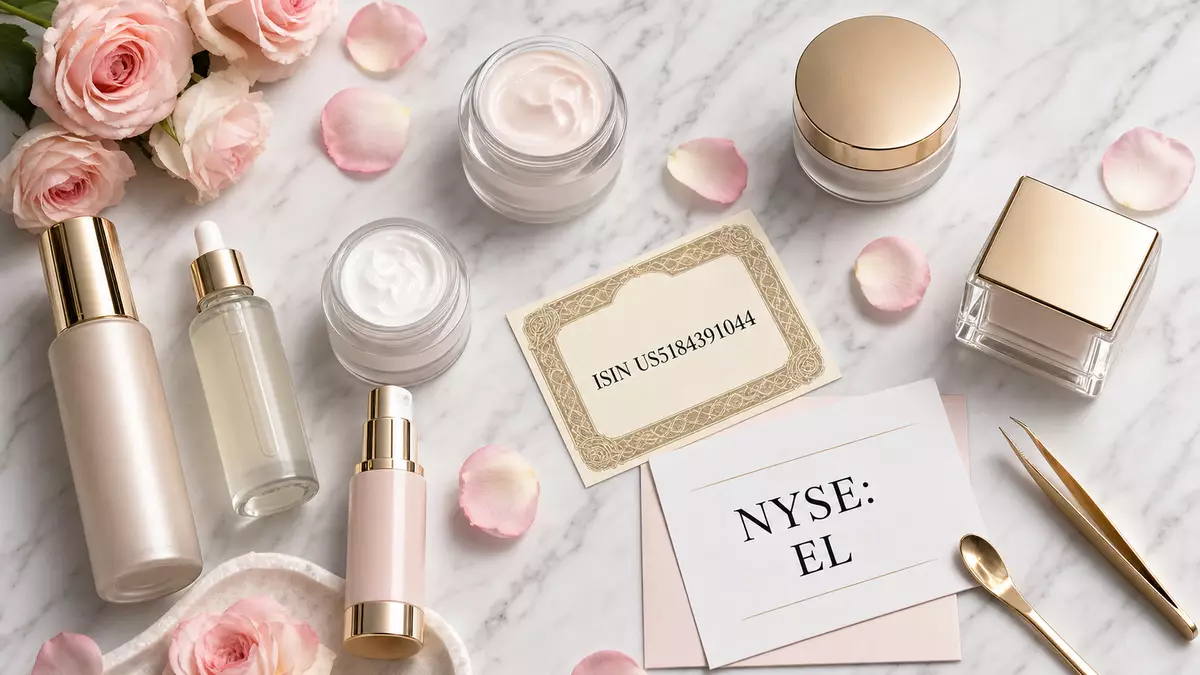 Flatlay: Luxus-Hautpflegeprodukte, ISIN US5184391044-Karte und Rosenblüten auf Marmor