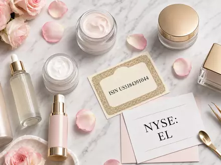 Estée Lauder Cos. US5184391044 – Flatlay mit Kosmetika, ISIN-Karte und Rosenblüten auf Marmor - Foto: THN