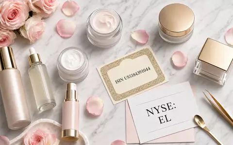 Estée Lauder Cos. US5184391044 – Flatlay mit Kosmetika, ISIN-Karte und Rosenblüten auf Marmor - Foto: THN