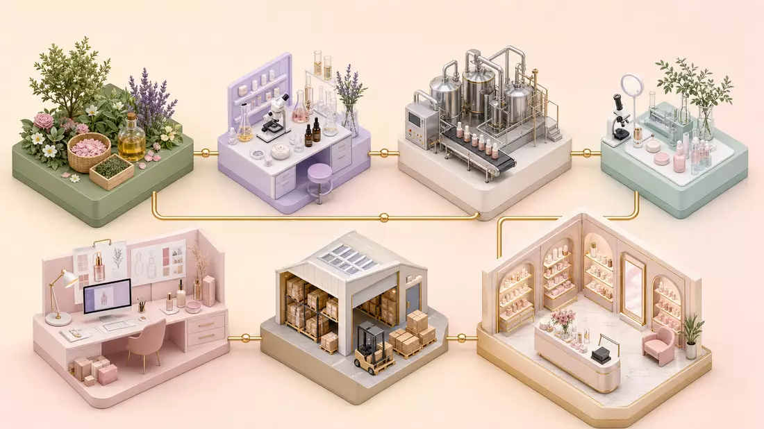 Isometrisches 3D-Prozessdiagramm der Beautykette von Rohstoff bis Einzelhandel
