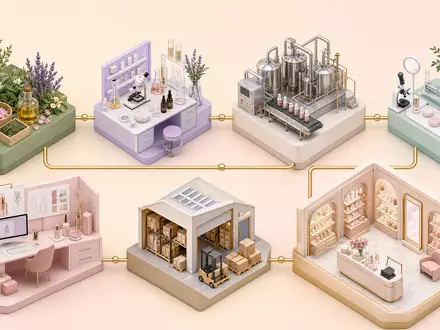 Estée Lauder Cos. US5184391044 – Isometrisches 3D-Diagramm der gesamten Kosmetik-Wertschöpfungskette im Überblick - Foto: THN