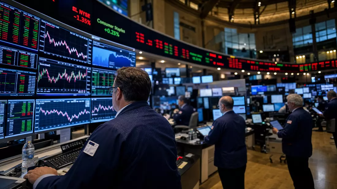 NYSE-Handelssaal mit Händlern und Beauty-Sektor-Chartdaten auf Bildschirmen