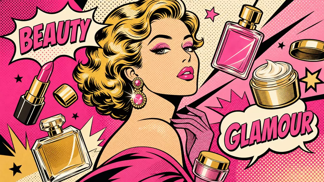 Pop-Art-Comic im Lichtenstein-Stil mit Frau, Lippenstift und Parfümflacons