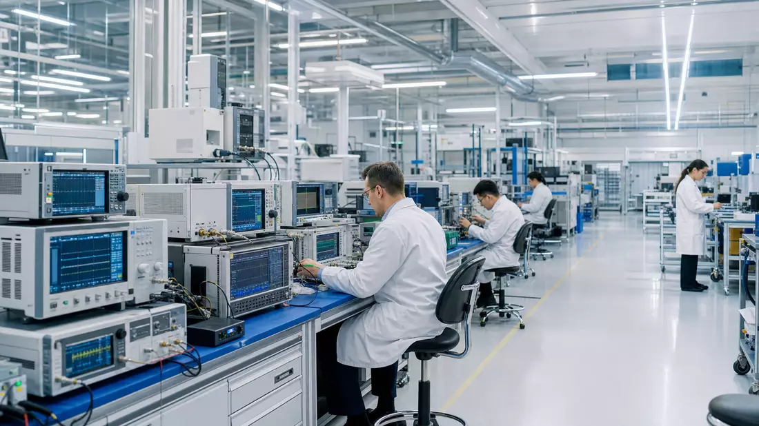 Fotorealistische Aufnahme einer modernen Elektronikinstrumenten-Fabrik von AMETEK Inc