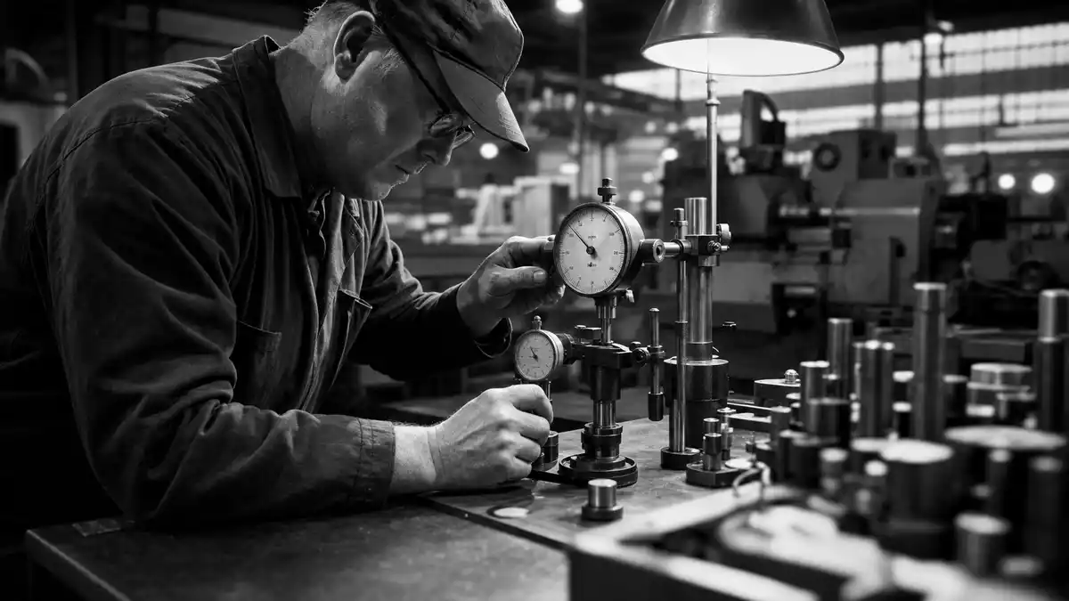Dokumentarische Schwarzweiß-Aufnahme eines Technikers bei der Kalibrierung von Instrumenten