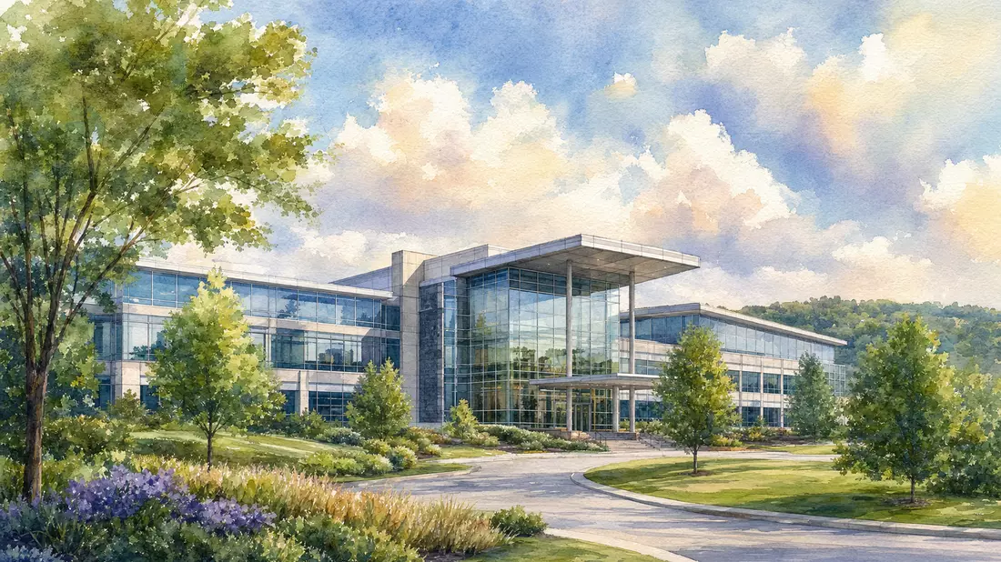 Aquarell des modernen Unternehmenshauptsitzes von AMETEK Inc. in Pennsylvania