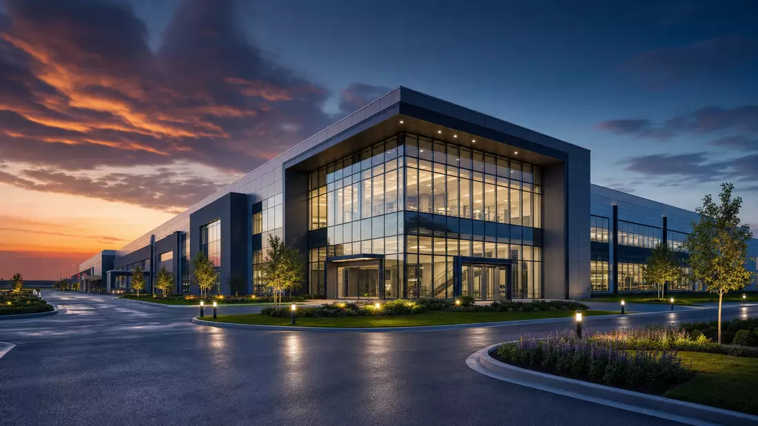 CGI-Architekturrender eines modernen Industriekomplexes im Stil von AMETEK Inc