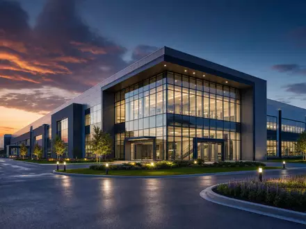 AMETEK Inc. modernes Industriegebäude im CGI Architekturrender bei Dämmerung, Börsenticker ISIN US0311001004 - Foto: THN