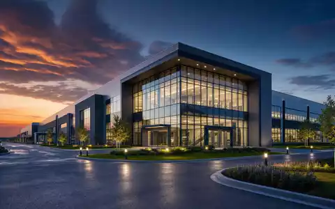 AMETEK Inc. modernes Industriegebäude im CGI Architekturrender bei Dämmerung, Börsenticker ISIN US0311001004 - Foto: THN