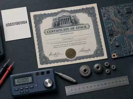 AMETEK Inc. Flatlay mit Aktienzertifikat und ISIN Karte US0311001004 neben elektronischen MessgerÀten arrangiert - Foto: THN