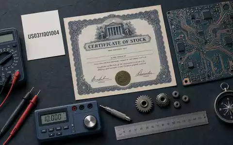 AMETEK Inc. Flatlay mit Aktienzertifikat und ISIN Karte US0311001004 neben elektronischen Messgeräten arrangiert - Foto: THN
