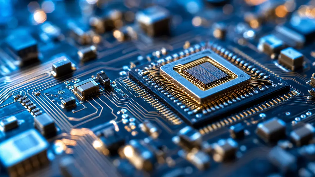 Extreme Makroaufnahme eines Mikrochips auf Leiterplatte, repräsentativ für AMETEK Inc