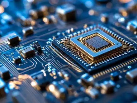 AMETEK Inc. Elektronikbranche zeigt extreme Makroaufnahme einer Leiterplatte mit Mikrochip, ISIN US0311001004 - Foto: THN