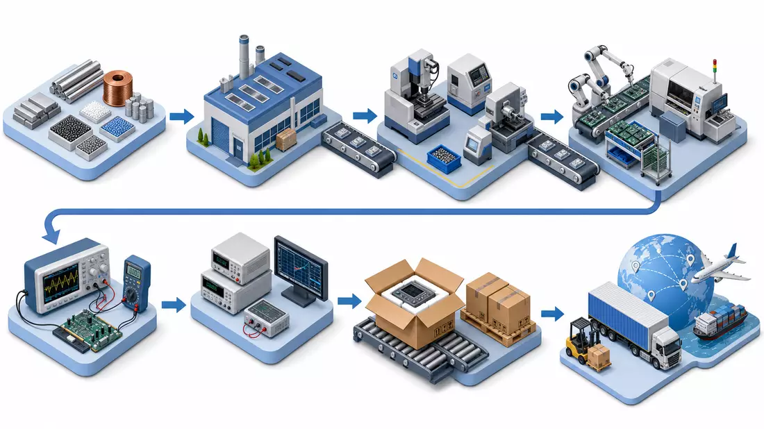 Isometrische 3D-Illustration der Wertschöpfungskette von AMETEK Inc. Elektronikinstrumenten