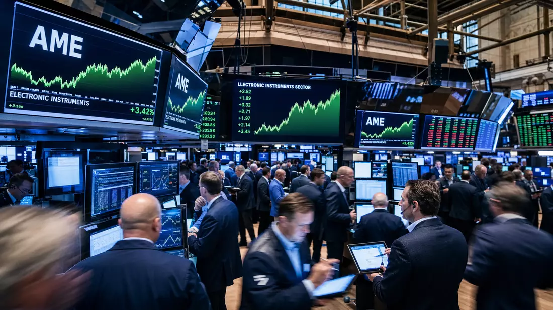 NYSE-Handelssaal mit AME-Ticker-Anzeigen und Elektroniksektor-Kursverläufen für AMETEK Inc