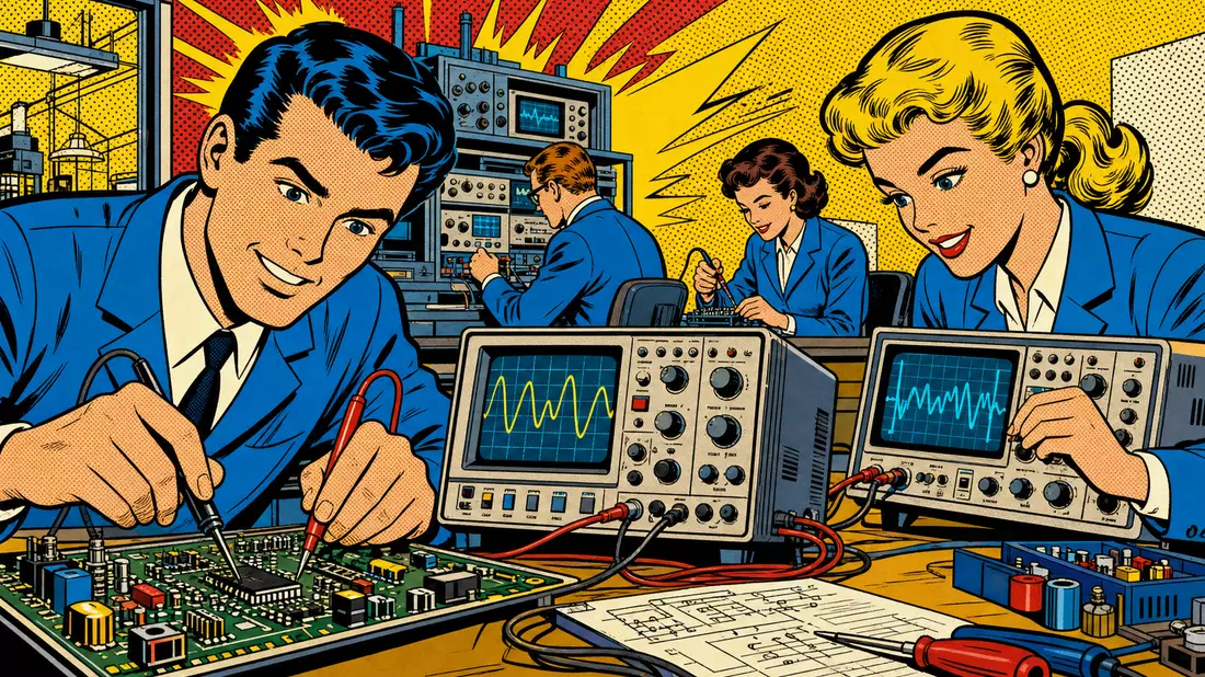 Pop-Art-Comic-Illustration von Technikern mit Messgeräten, passend zur AMETEK Inc. Branche