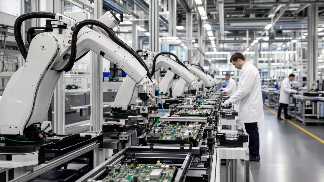 Fotorealistischer Blick auf eine moderne Elektronikfabrik von Amphenol Corp