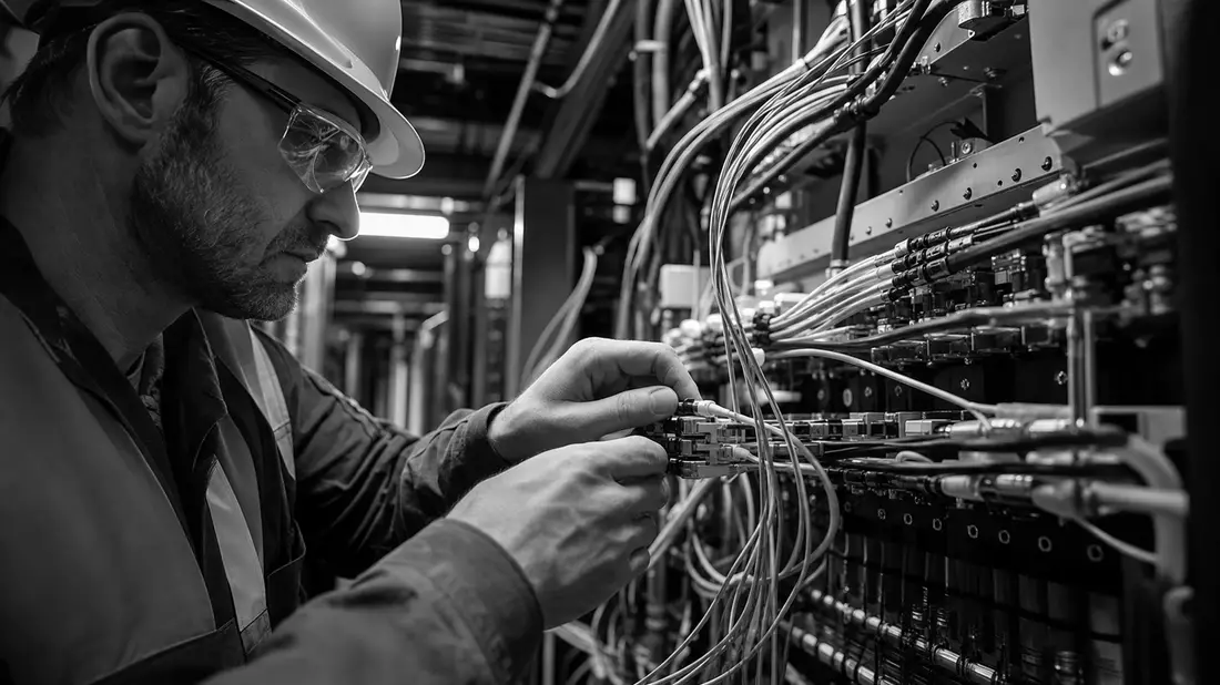 Schwarzweiß-Reportagefoto eines Technikers bei der Kabelprüfung im Werk