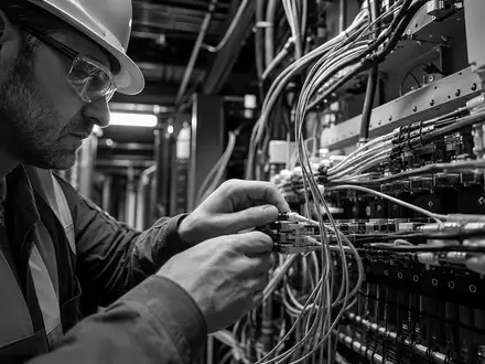 Amphenol Corp. Techniker prüft Glasfaserkabel in der Fabrik, ISIN US0320951017, dokumentarische Aufnahme - Foto: THN
