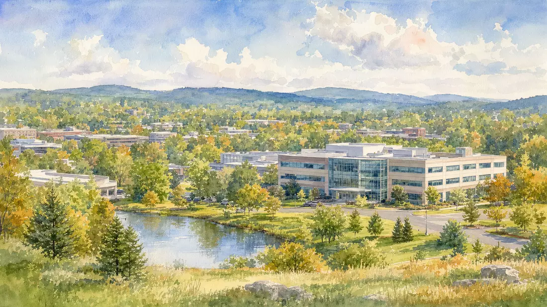Aquarellmalerei des Amphenol-Hauptsitzes in Wallingford, Connecticut, New England