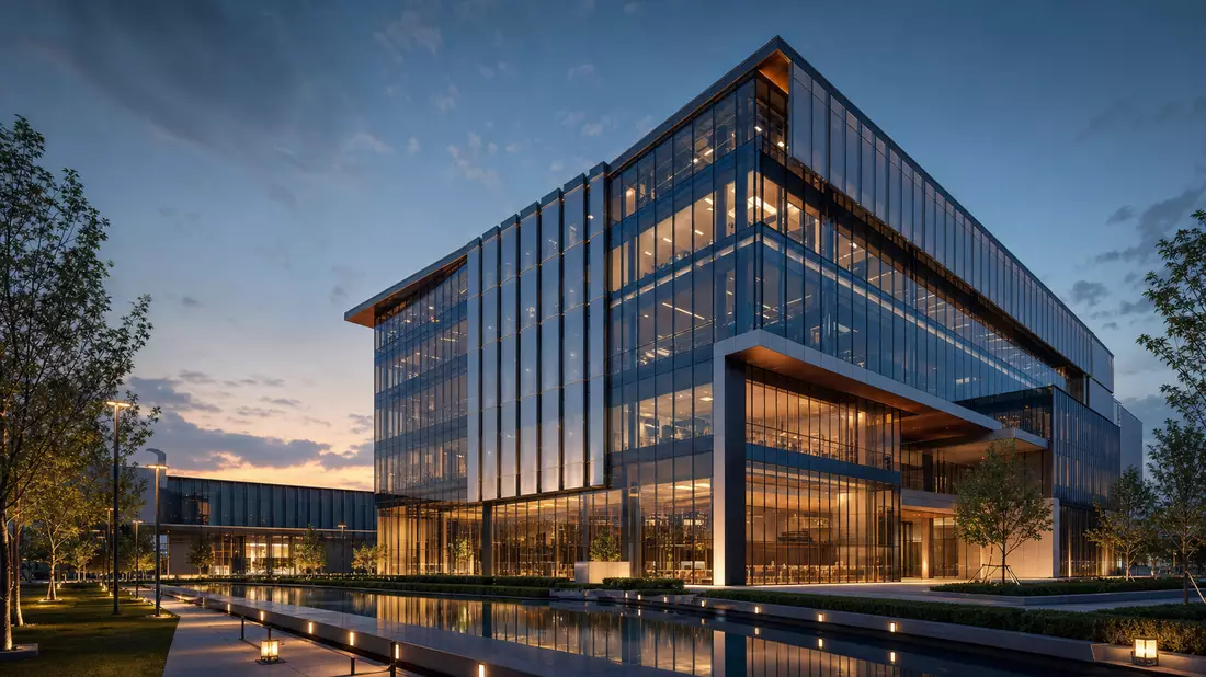 CGI-Render eines gläsernen Firmencampus im Abenddämmerungslicht mit Spiegelteich