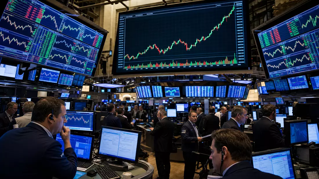 Dynamischer Handelssaal der NYSE mit Bildschirmen und Börsenhändlern im Elektroniksektor