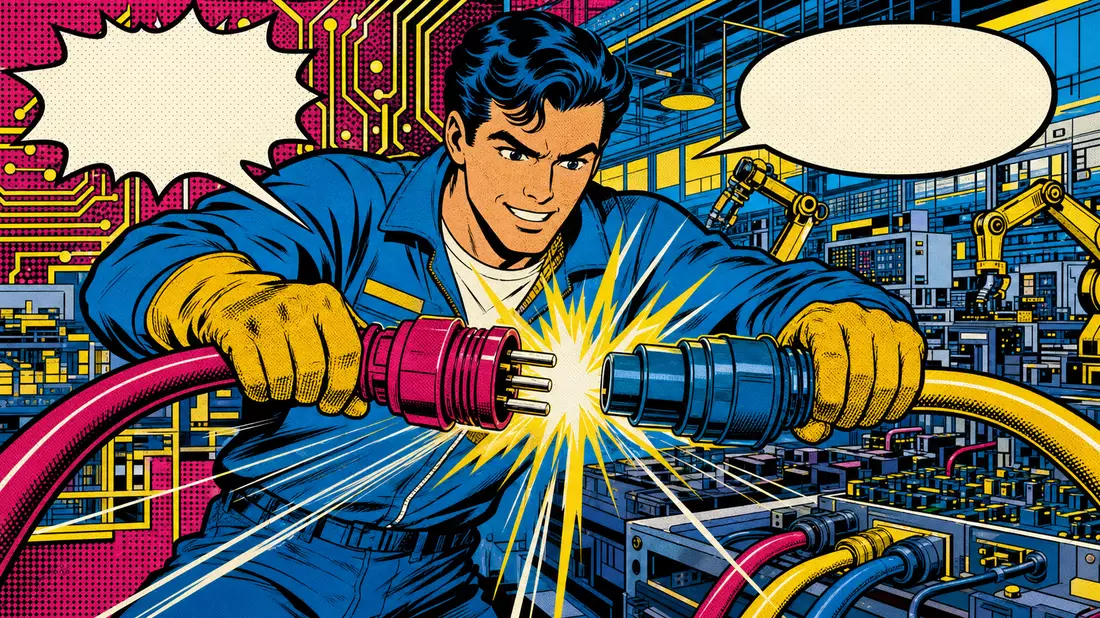 Farbige Comic-Szene im Pop-Art-Stil: Techniker steckt Kabelverbinder in Elektronikwerk