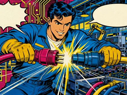 Amphenol Corp. Pop Art Comic zeigt Techniker beim Verbinden von Kabeln, ISIN US0320951017 Elektronik - Foto: THN