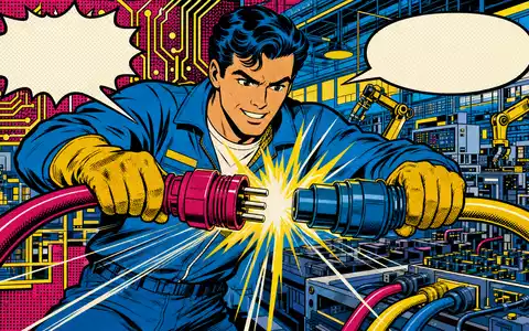 Amphenol Corp. Pop Art Comic zeigt Techniker beim Verbinden von Kabeln, ISIN US0320951017 Elektronik - Foto: THN