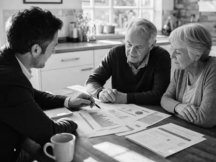 Ameriprise Financial Inc. US03076C1062 dokumentarische Schwarzweiß Fotografie eines Rentenplanungsgesprächs am Küchentisch zuhause - Foto: THN