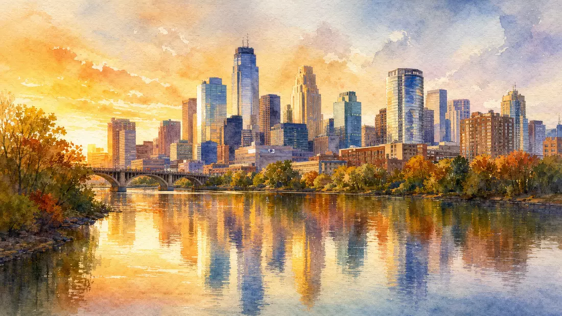 Aquarellmalerei der Minneapolis Skyline mit Flussreflexion im Herbst