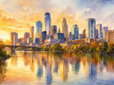 Ameriprise Financial Inc. US03076C1062 impressionistisches Aquarellbild der Minneapolis Skyline am goldenen Abendlicht - Foto: THN