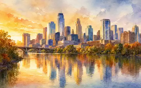 Ameriprise Financial Inc. US03076C1062 impressionistisches Aquarellbild der Minneapolis Skyline am goldenen Abendlicht - Foto: THN