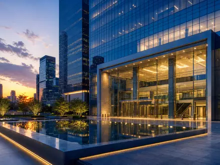 Ameriprise Financial Inc. US03076C1062 architektonischer Render eines modernen Finanzhochhauses mit Wasserbecken bei Dämmerung - Foto: THN
