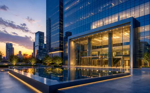 Ameriprise Financial Inc. US03076C1062 architektonischer Render eines modernen Finanzhochhauses mit Wasserbecken bei Dämmerung - Foto: THN
