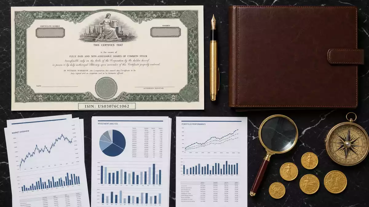 Overhead-Flatlay mit Aktienzertifikat ISIN-Karte Kompass Lupe und Goldmünzen auf Marmor