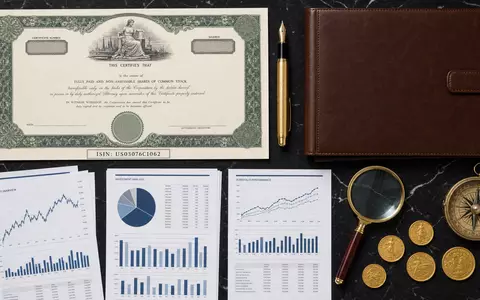 Ameriprise Financial Inc. US03076C1062 Flatlay Stillleben mit Aktienzertifikat Füllfeder Kompass Lupe und Goldmünzen - Foto: THN