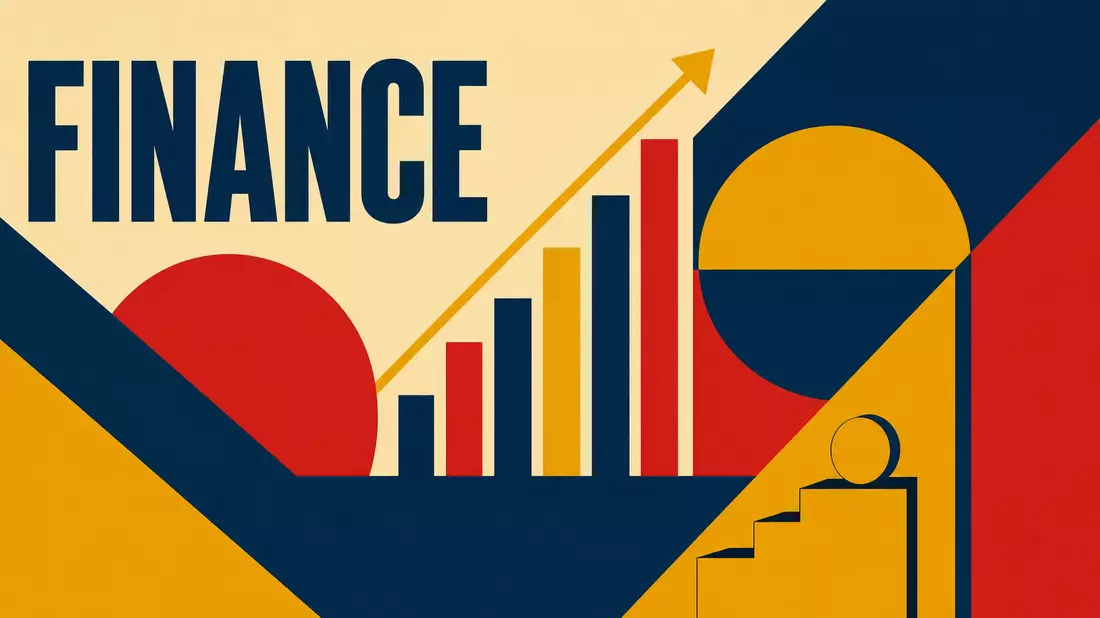 Bauhaus-Poster mit geometrischen Formen in Navyblau Rot Gelb und Aufschrift FINANCE