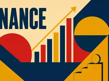 Ameriprise Financial Inc. US03076C1062 Bauhaus Poster mit geometrischen Formen Sektortext FINANCE Navyblau und Rot - Foto: THN