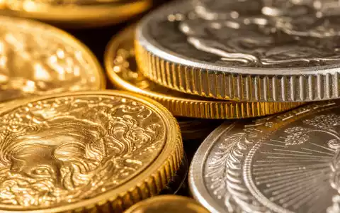 Ameriprise Financial Inc. US03076C1062 extreme Makro Nahaufnahme gestapelter Gold und Silbermünzen mit Metallglanz - Foto: THN