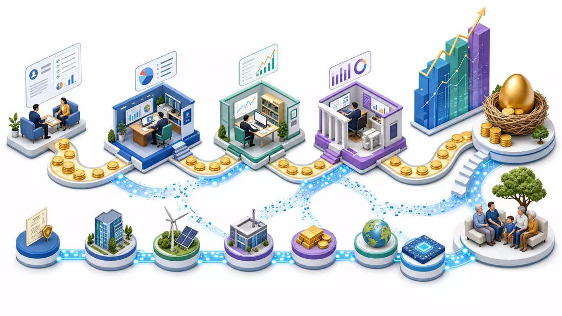 Isometrische 3D-Illustration der Wertschöpfungskette im Wealth-Management mit Büros und Goldmünzen