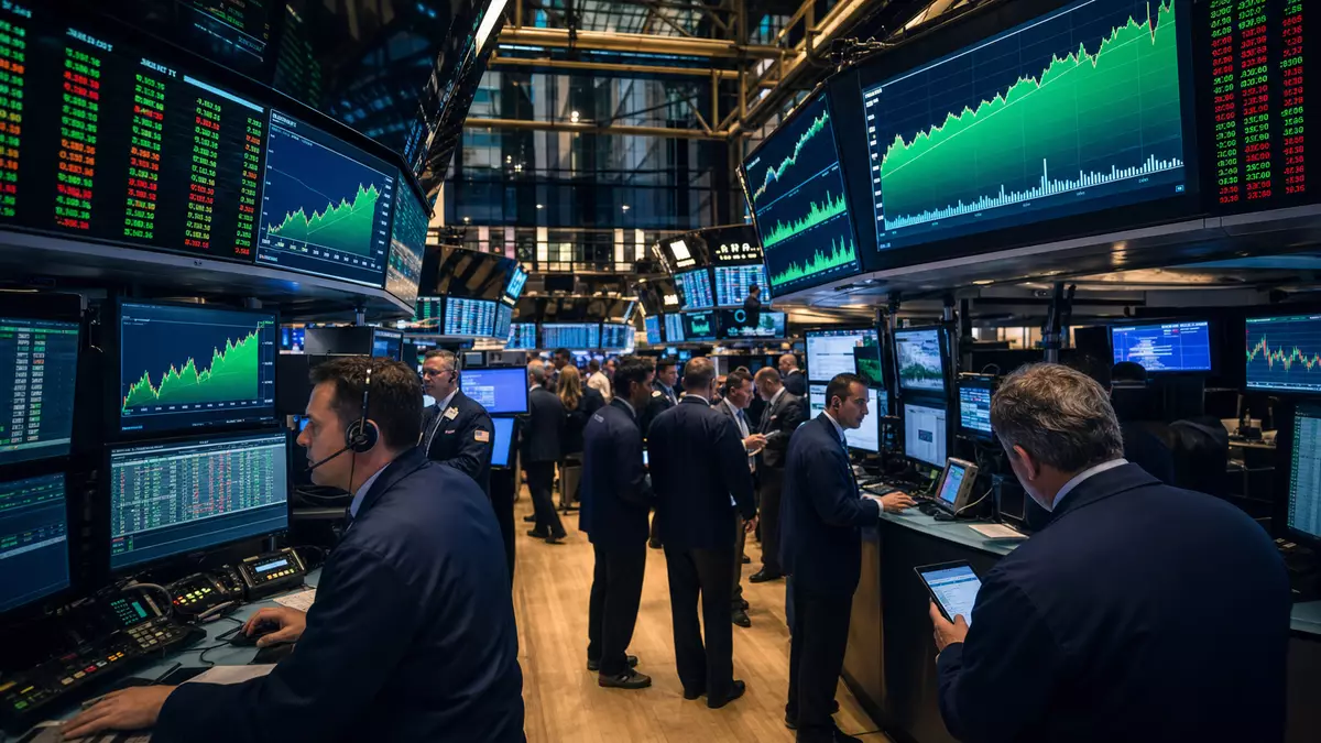 Lebhaftes NYSE-Börsenparkett mit Händlern an Terminals und großen Kursanzeige-Bildschirmen