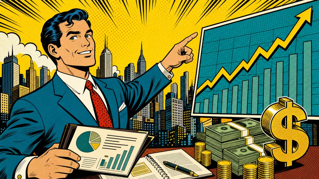 Pop-Art-Comicszene mit Finanzberater der auf steigendes Kursdiagramm zeigt Retro-Stil 1960er