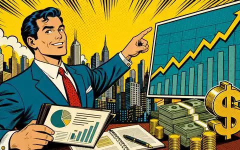 Ameriprise Financial Inc. US03076C1062 Pop Art Comic zeigt dynamischen Berater vor steilendem Aktien Kursdiagramm - Foto: THN