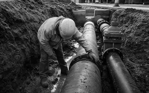 American Water Works ISIN US0304201033 Rohrleitungswartung in schwarz weiß dokumentarischer Reportage Stil - Foto: THN