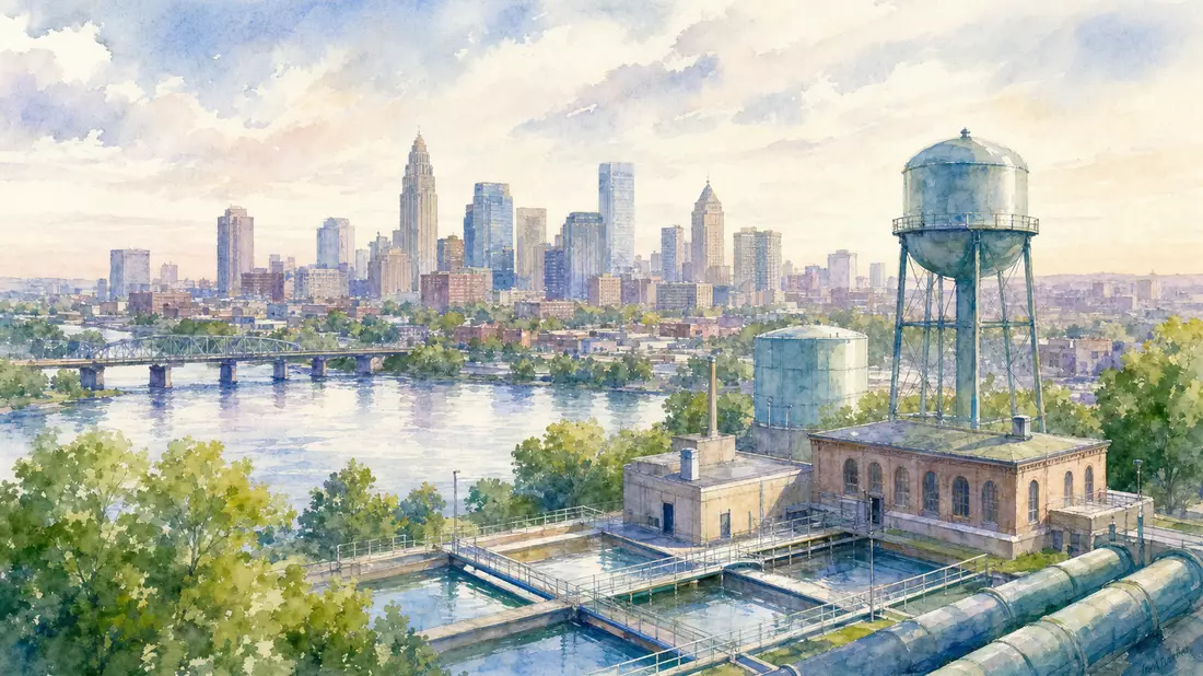 Aquarell-Stadtansicht mit Wasserturm, Fluss und Skyline in Pastellfarben